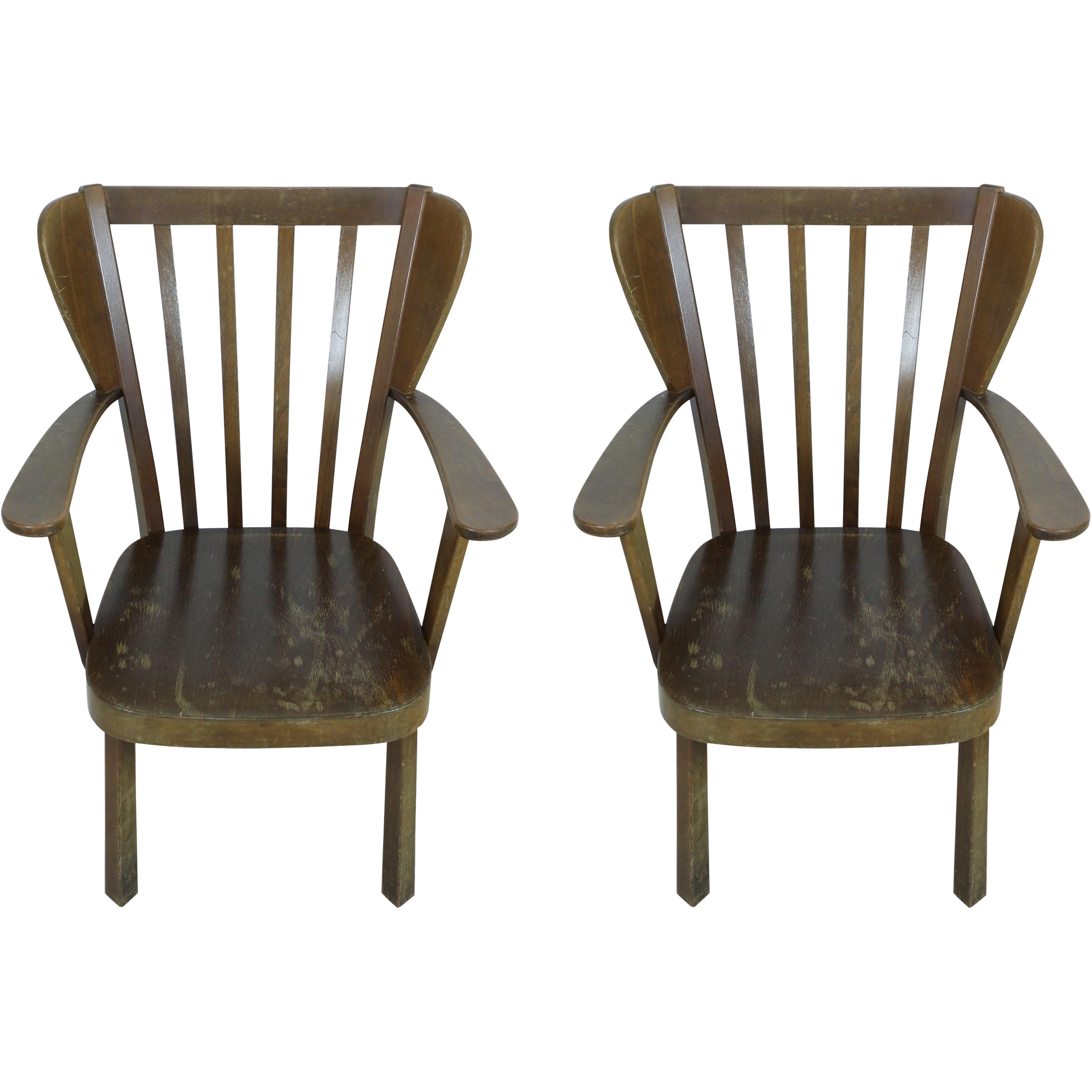 Pair of Danish Mission-Style Oak Slat Back Wing Armchairs