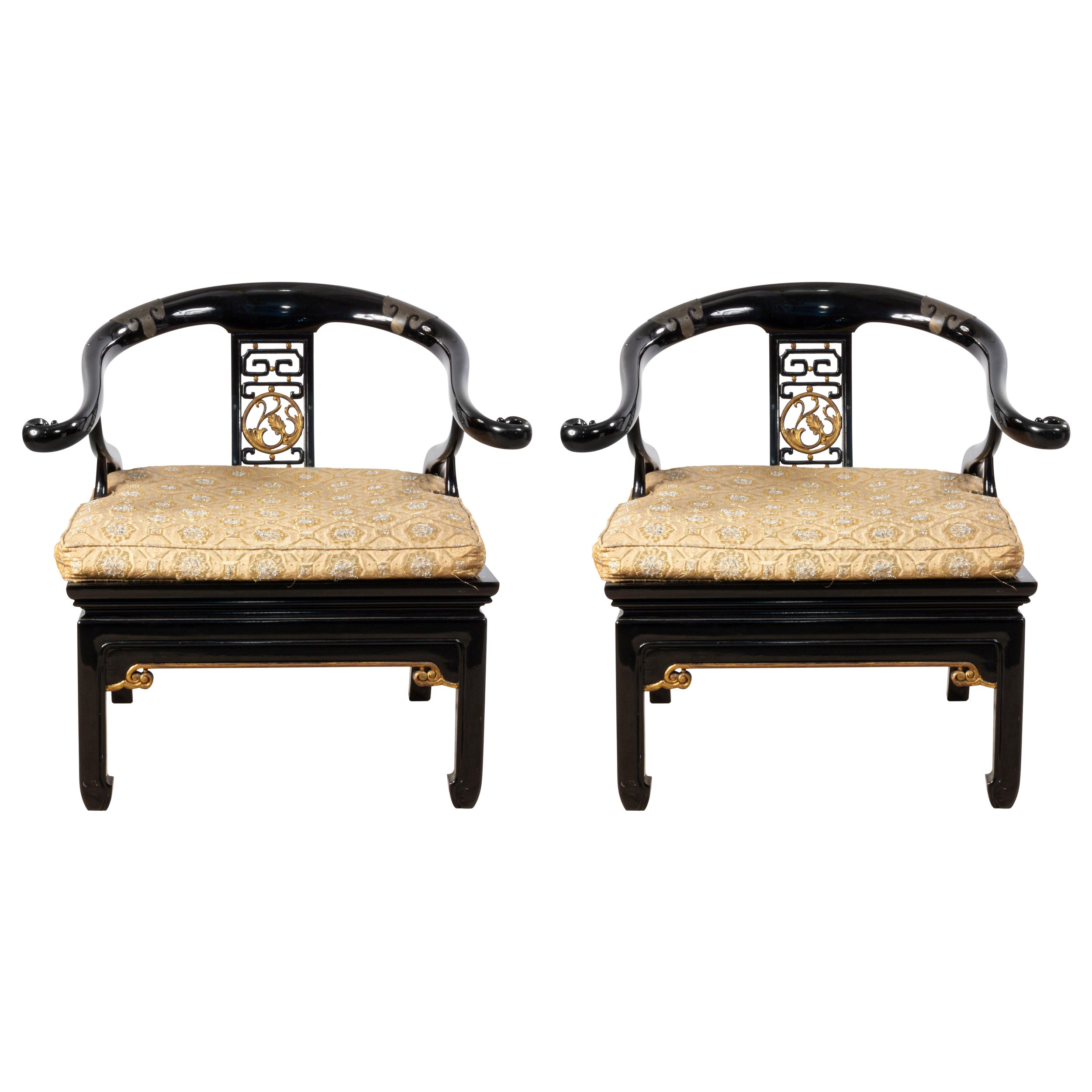 Pair of Mid-Century Ebonized Regency Style Lounge Chairs For Sale