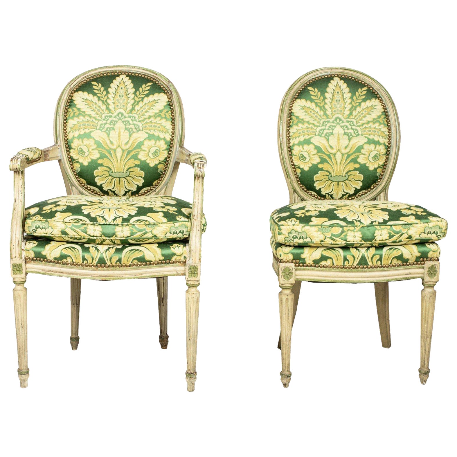 Set of 12 Louis XVI-Style Painted Green Damask Upholstered Dining Chairs For Sale