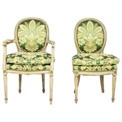 Vintage Set of 12 Louis XVI-Style Painted Green Damask Upholstered Dining Chairs