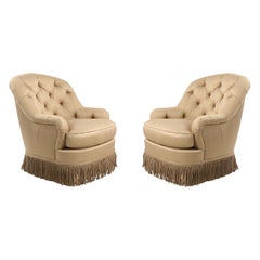 Pair of English Victorian Style Beige Tufted Fringed Tub Armchairs