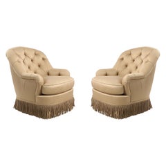 Pair of English Victorian Style Beige Tufted Fringed Tub Armchairs