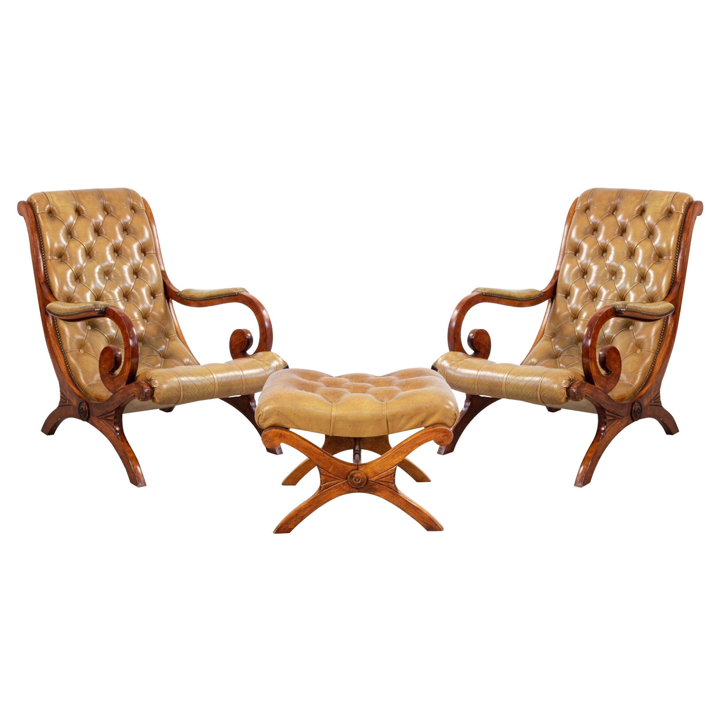 Mahogany Campaign Style 3-Piece Lounge Chair & Ottoman Set