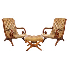 Mahogany Campaign Style 3-Piece Lounge Chair & Ottoman Set