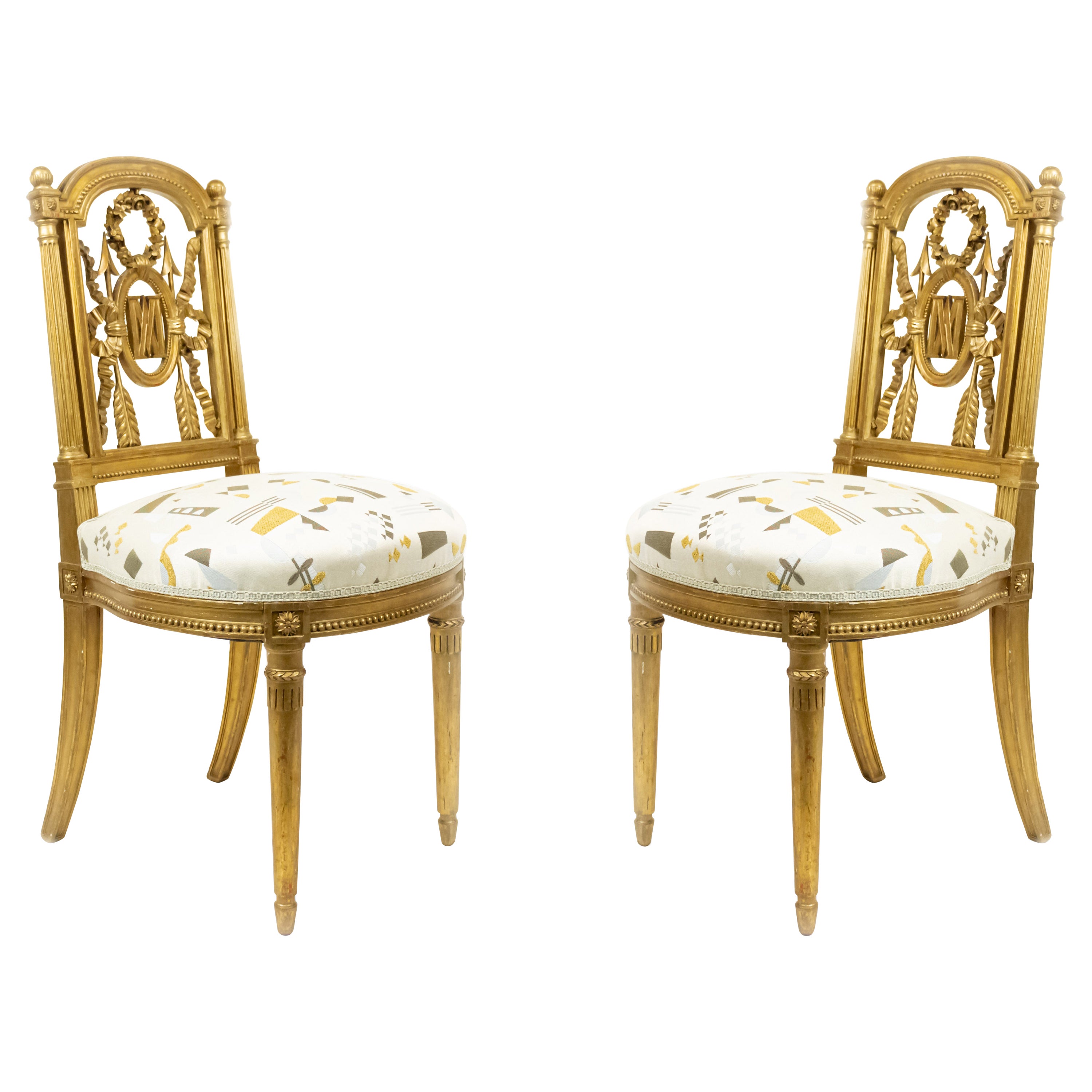 Pair of 19th Century French Louis XVI Gilt Style Side Chairs 