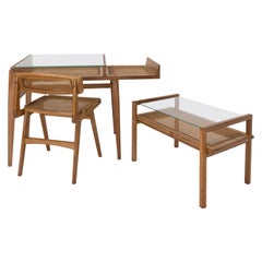 Roget Landault Desk, Its Chair and Its Side Table, Oak and Cane, French C. 1960