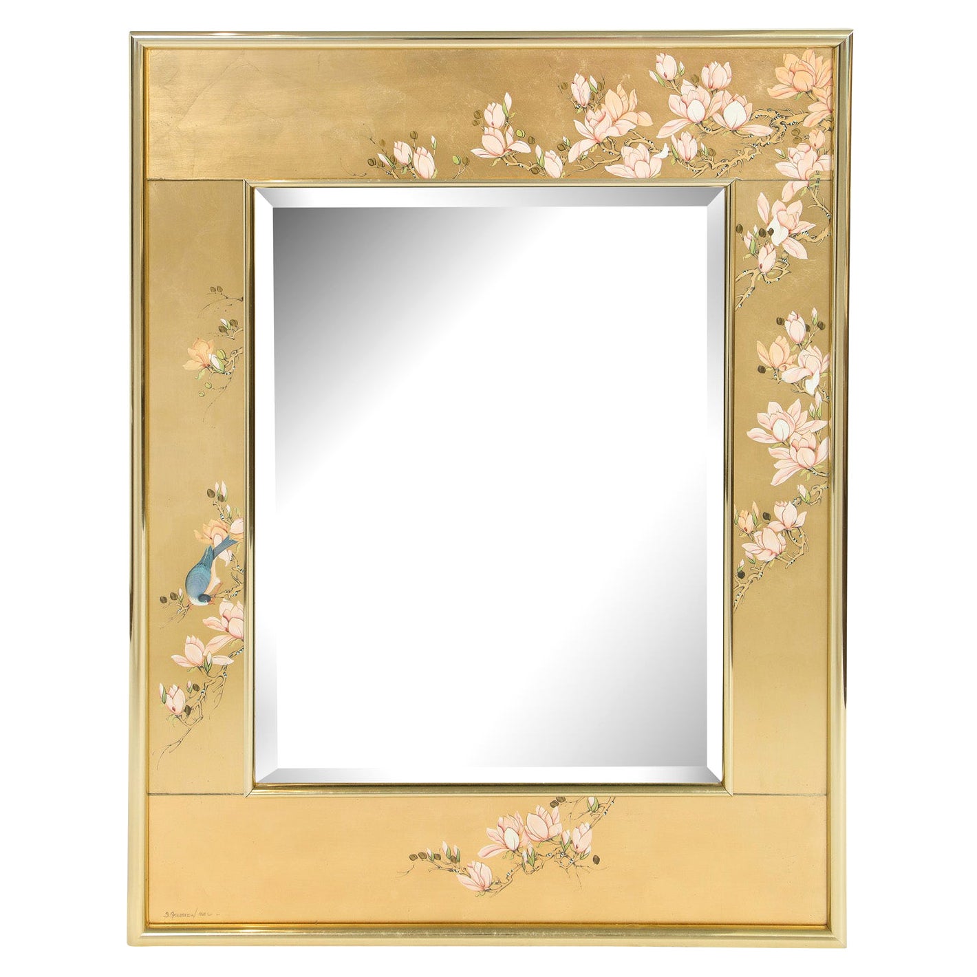 Artisan Reverse Painted Mirror in Gold Leaf with Magnolia Branches 1988 'Signed'