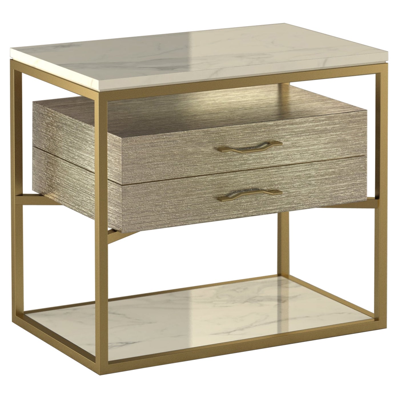 Giovannozzi Home, Bedside Table "Garbo" White Marble and Metal Brass Finish-Italy