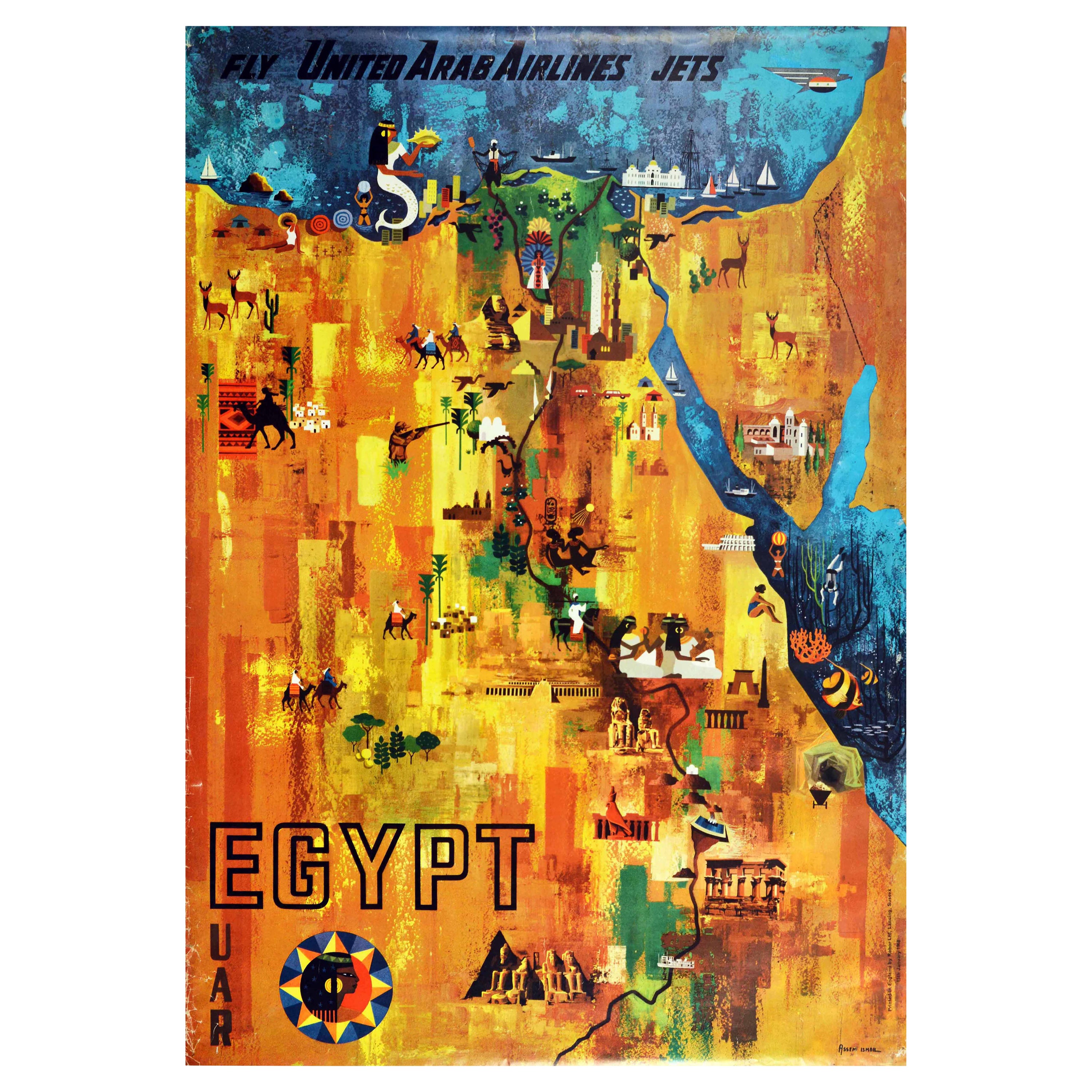 Original Vintage Map Poster Egypt United Arab Airlines Jets Pyramids River Nile
