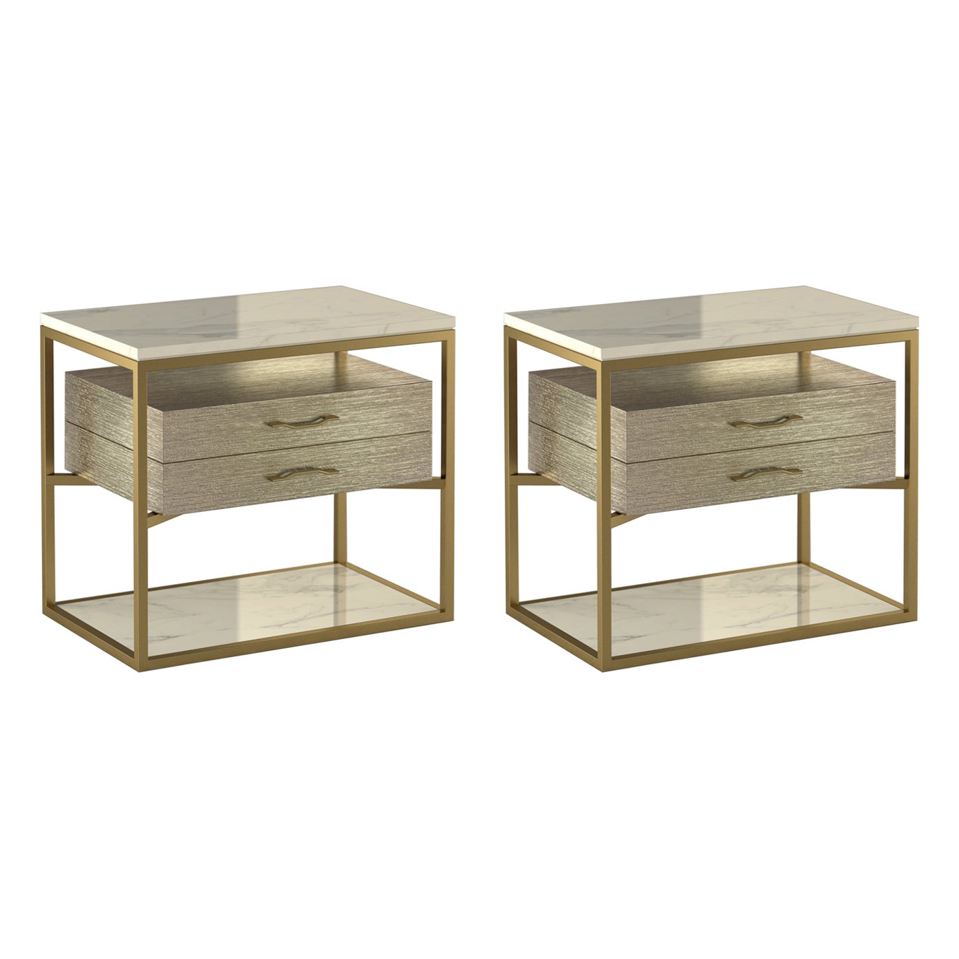 Pair Giovannozzi Home, Bedside Table "Garbo" White Marble and Metal Brass Finish For Sale