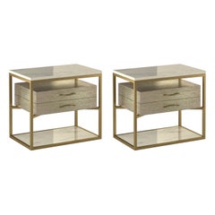 Pair Giovannozzi Home, Bedside Table "Garbo" White Marble and Metal Brass Finish