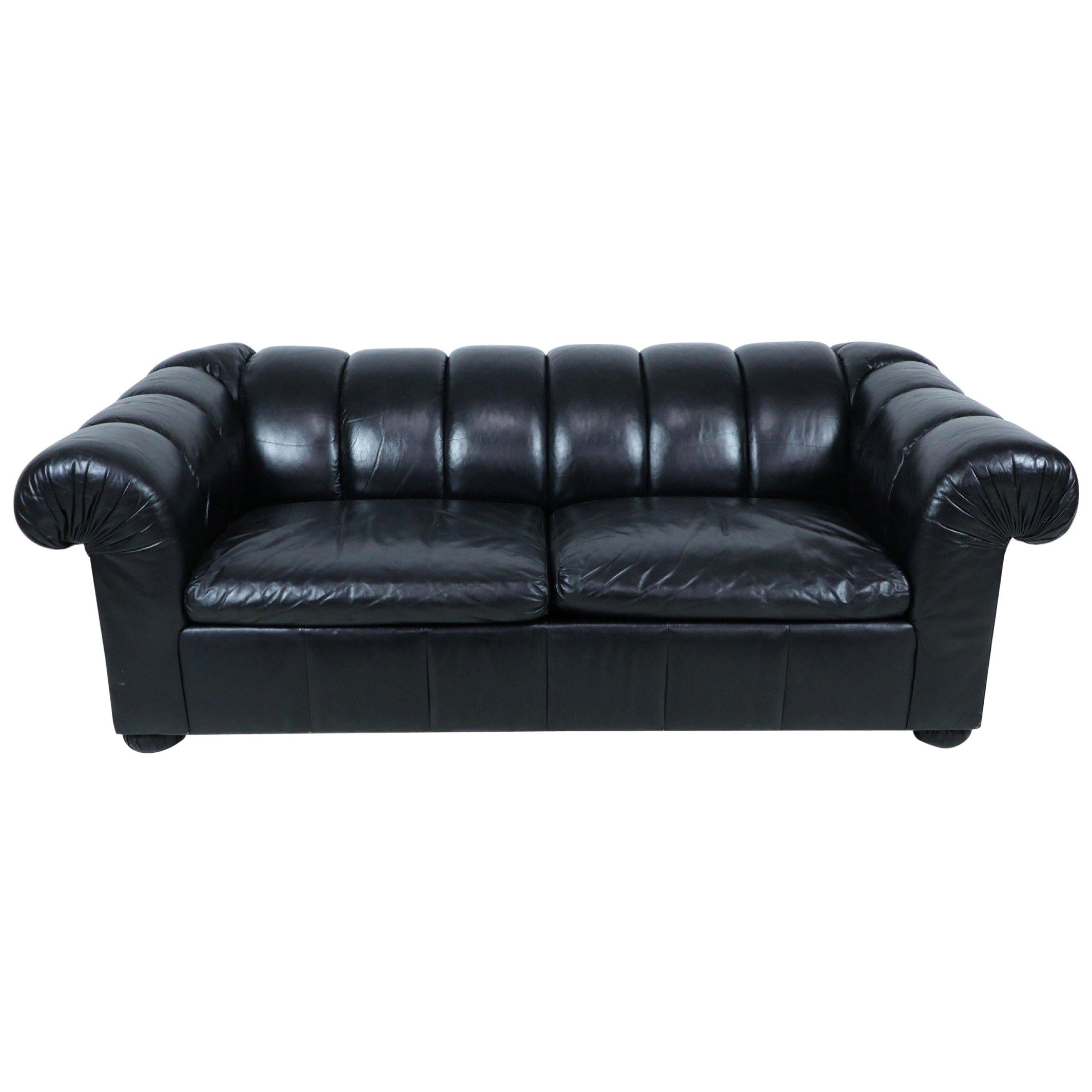 Modern Black Leather Channeled Sofa with Pull Out Bed