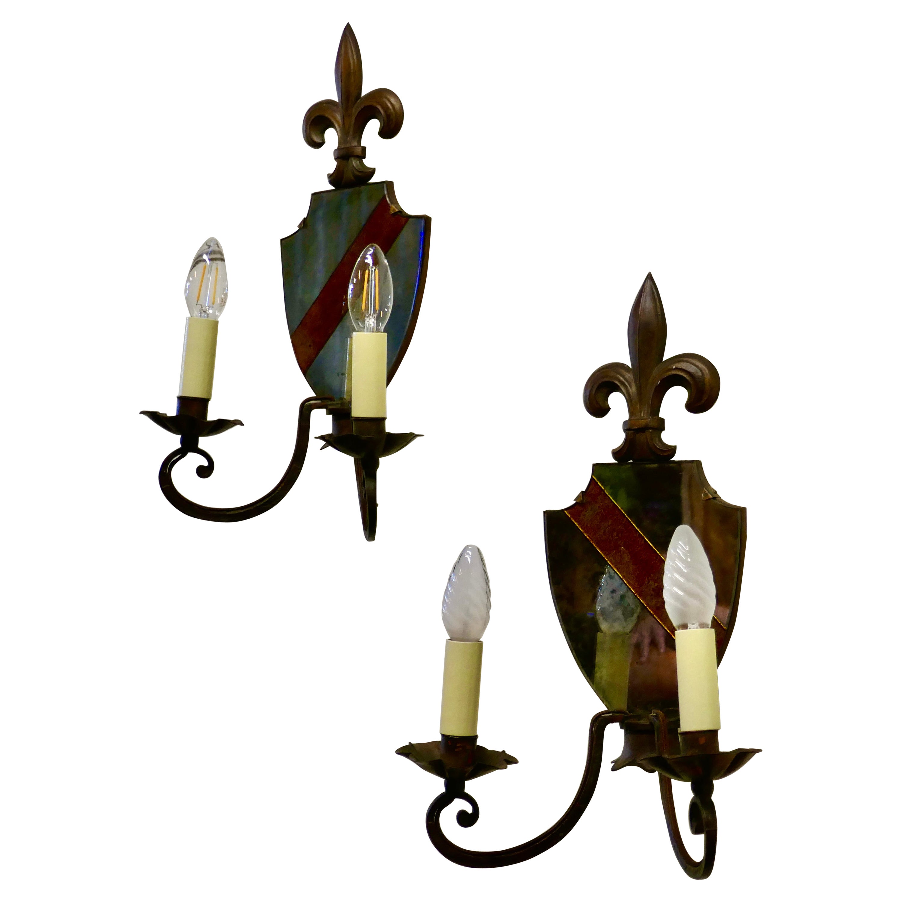 Pair of Wrought Iron Heraldic Shield Shaped Girandole Wall Mirrors