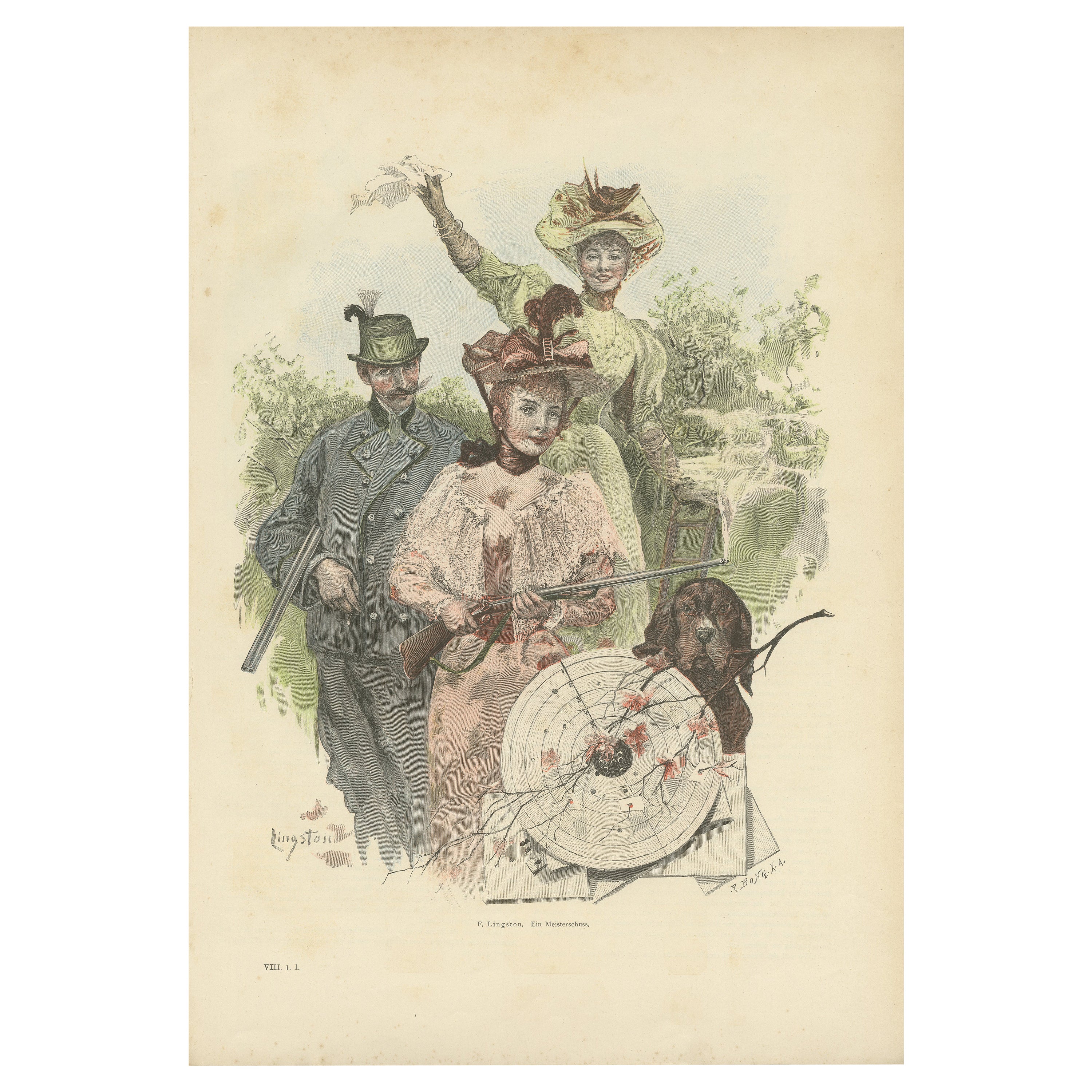 Marque de maître : Lithographie de scène de chasse de F. Lingston, 1895