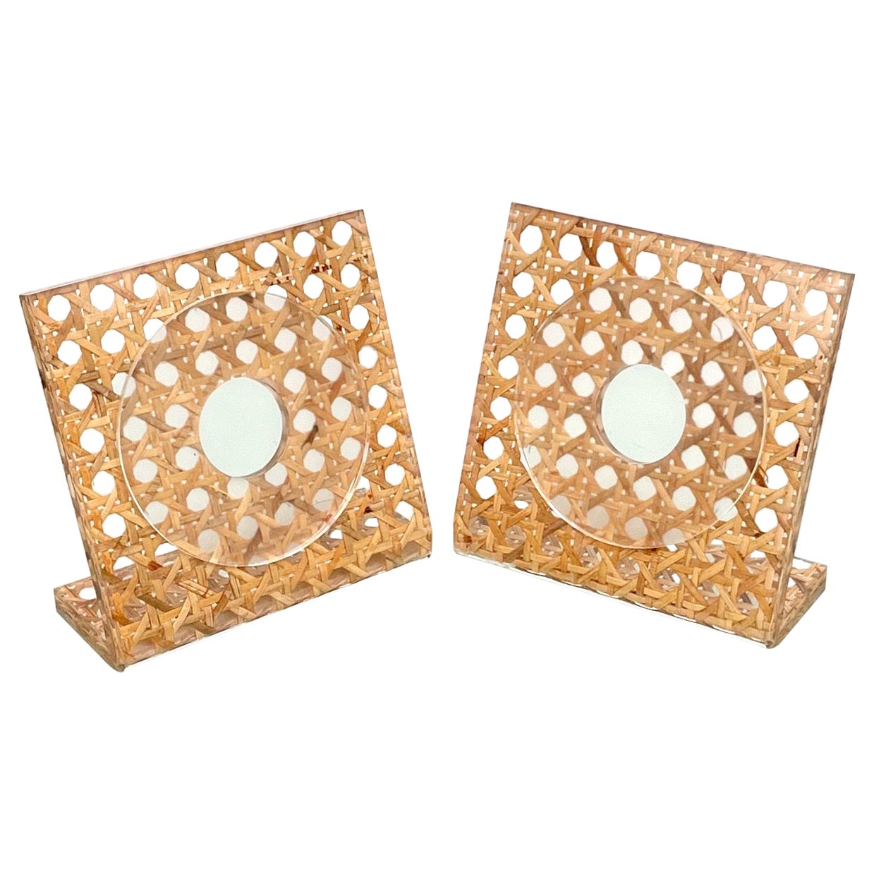 Pair of Lucite & Rattan Squared Picture Frame Christian Dior Style, Italy, 1970s