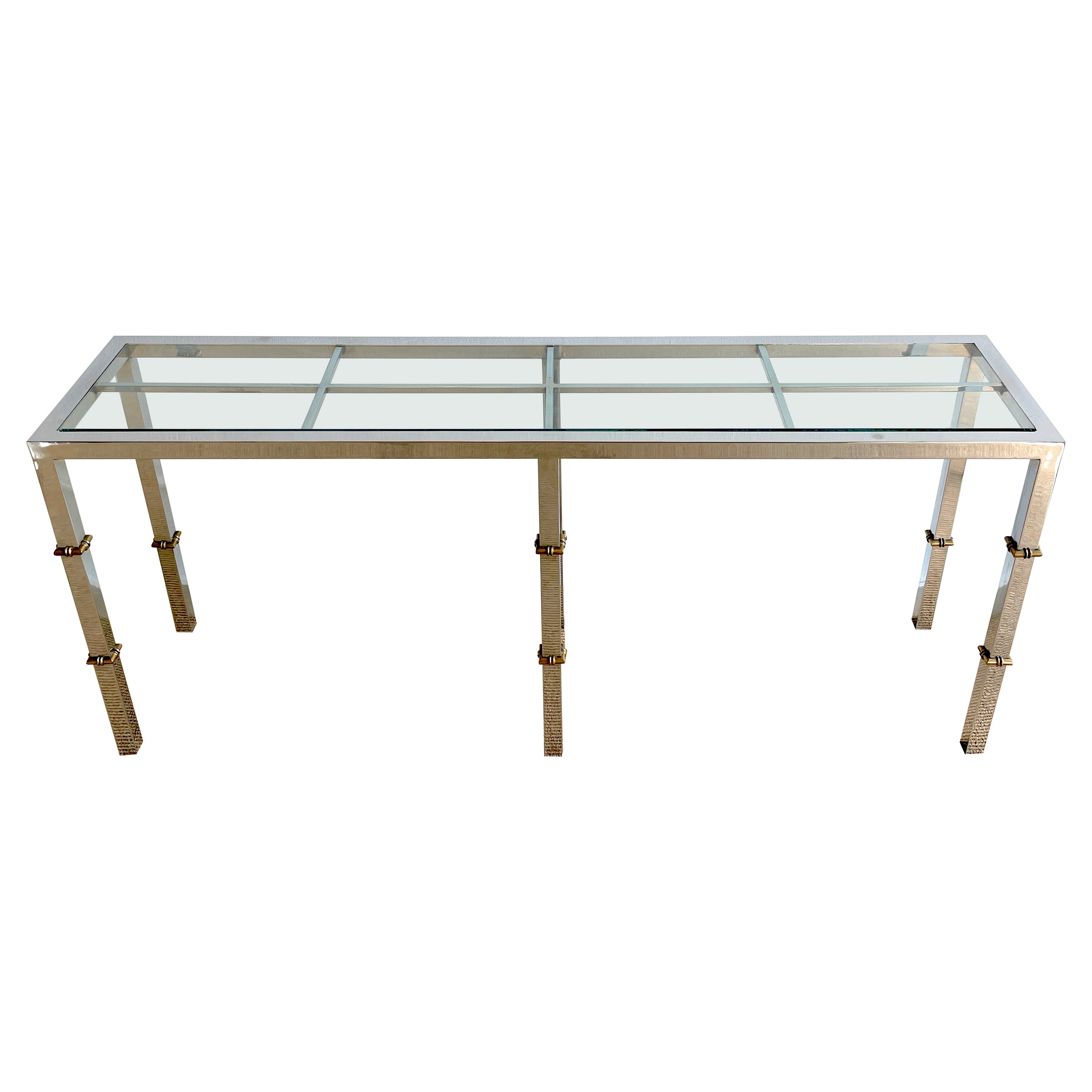 Italian 1970s Chrome & Glass Console with Brass Faux Bamboo Mounts For Sale