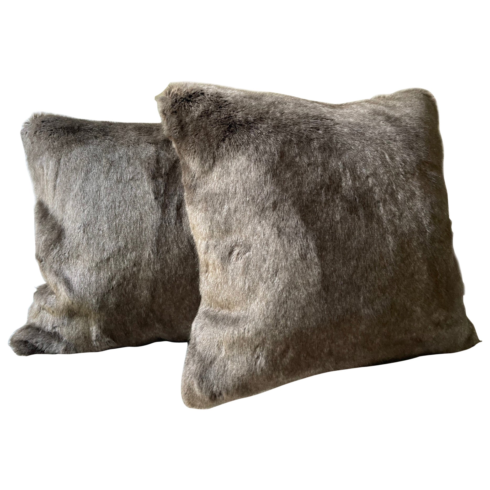 Faux Fur Cushions Color Brown Melange with Silk Brown at the Back For Sale