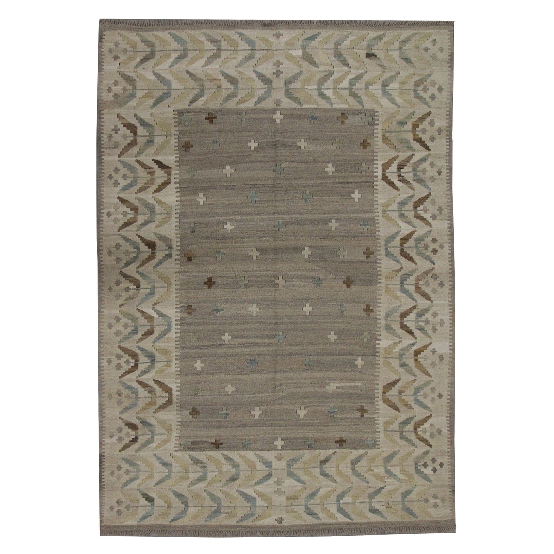 Beige Kilim Rug Traditional Carpet Kilim Scandinavian Style Brown Wool Area Rug