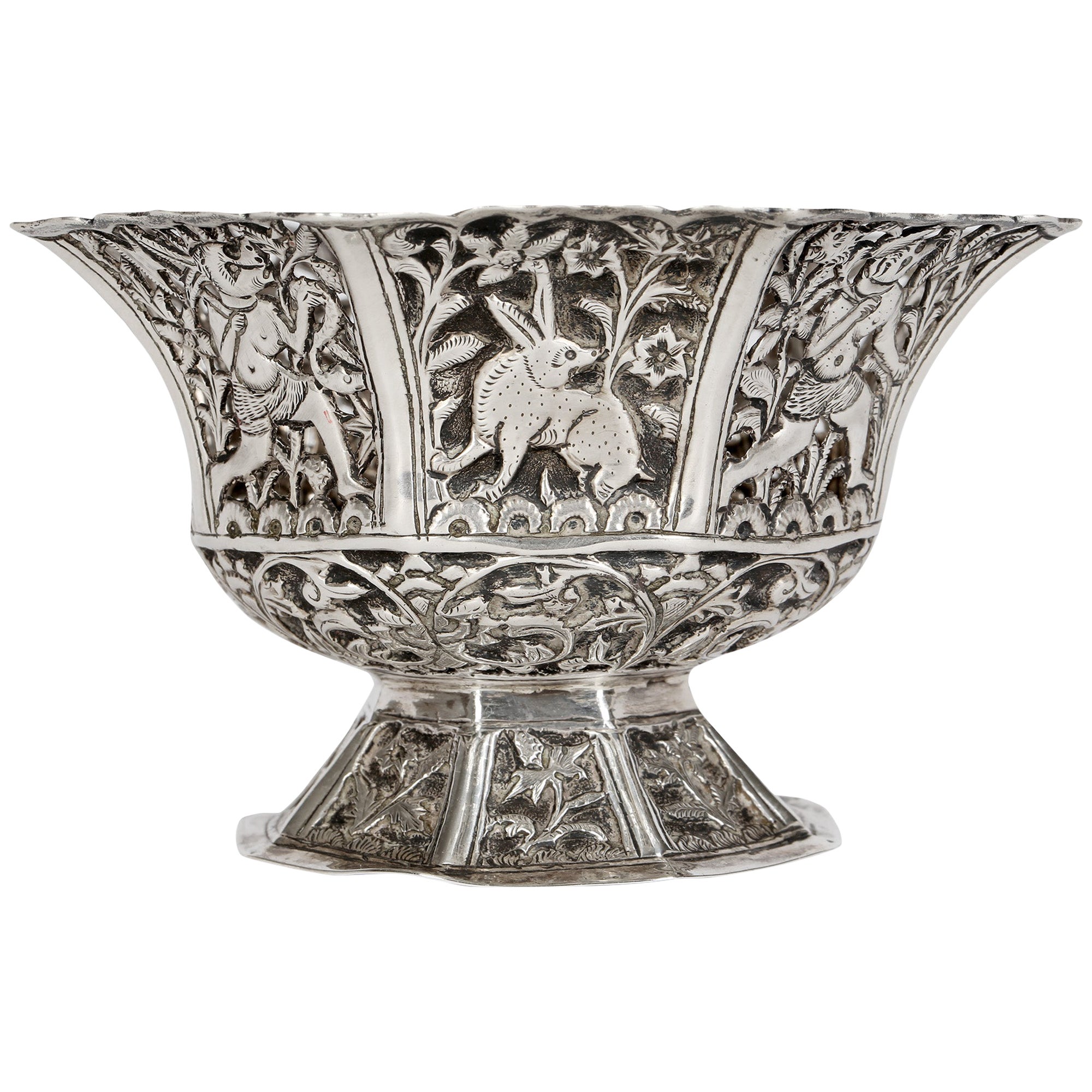 Indian Antique Silver Anthropomorphic Design Bowl with Animals For Sale