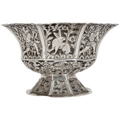 Cuenco de plata antigua india de diseño antropomorfo con animales