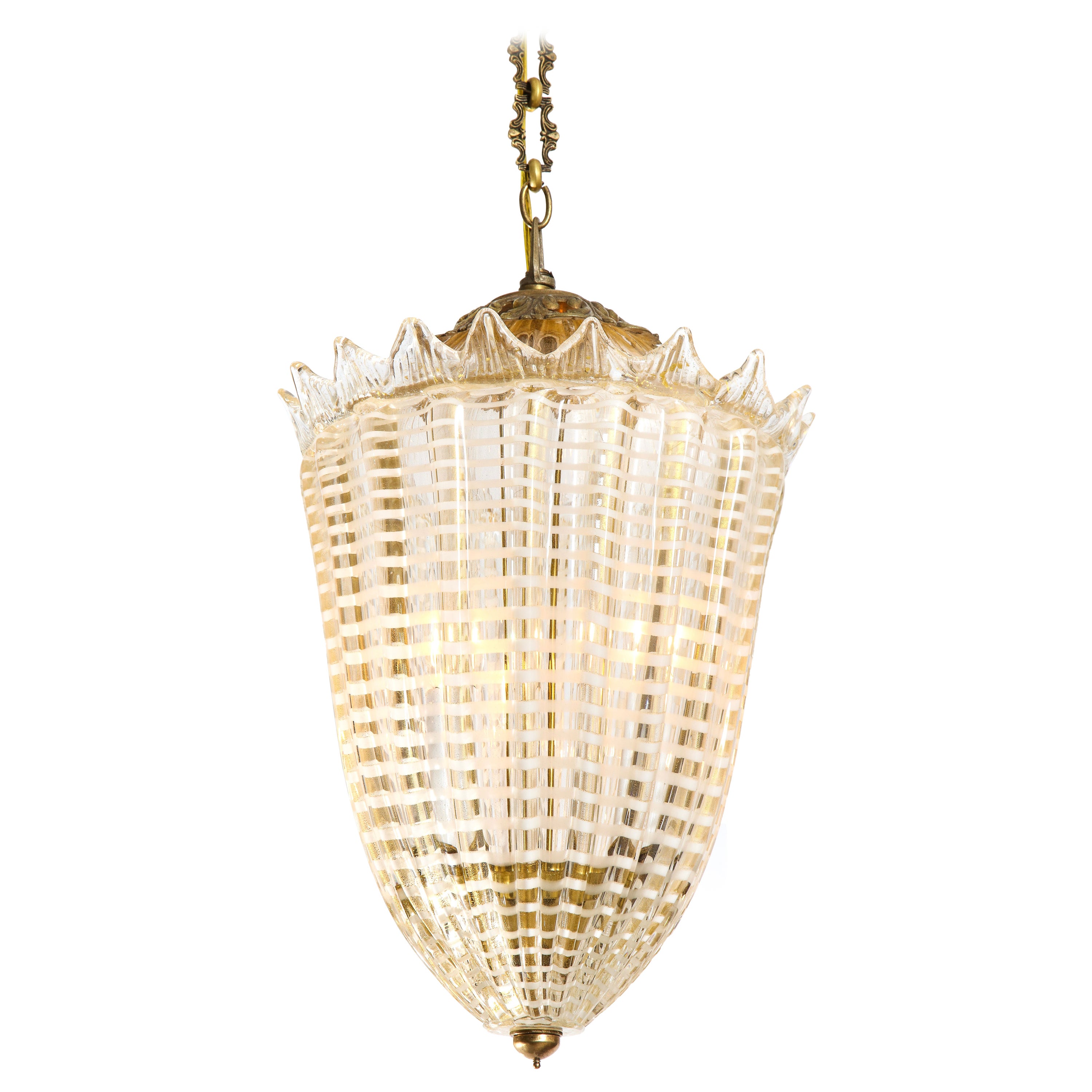 Mid-Century Italian Gold and White Conical Fluted Murano Glass Pendant Light