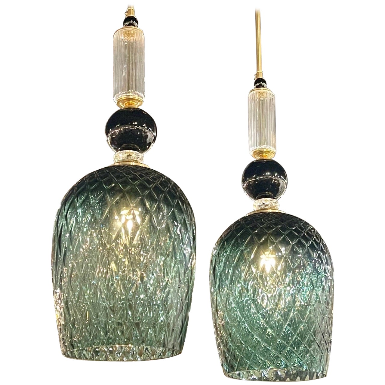 Modern Murano Glass and Brass Pendant Lights For Sale