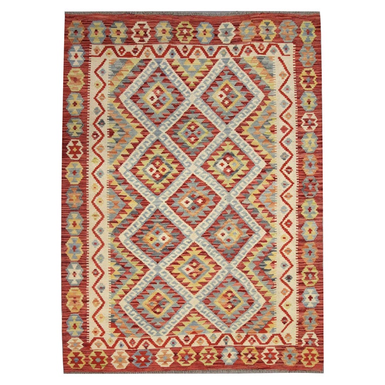 Traditional Handmade Kilim Rug, Flat Carpet Red Geometric Wool Area Rug