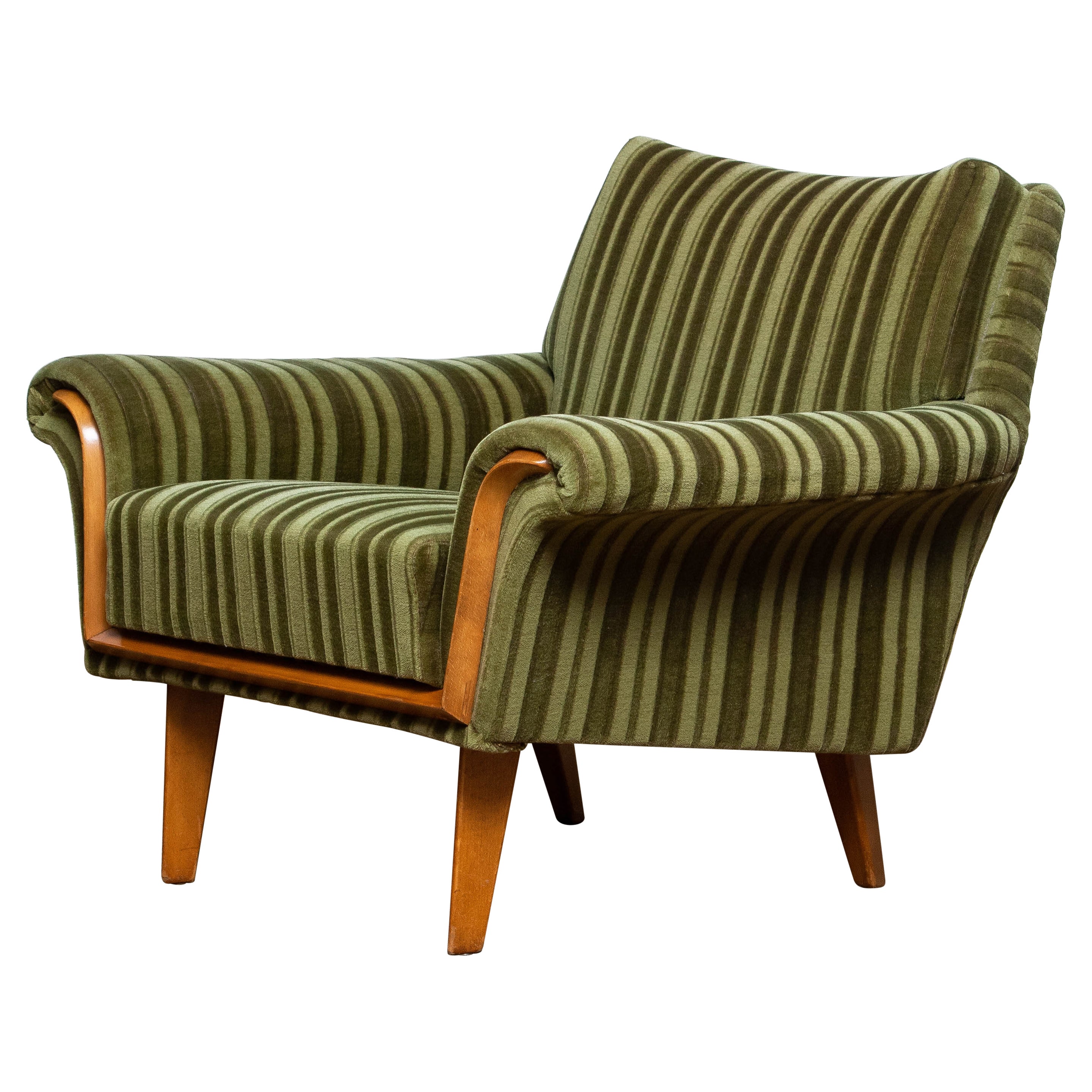 1950 Italian Green Striped Velvet Lounge / Easy / Club Chair with Beech Details