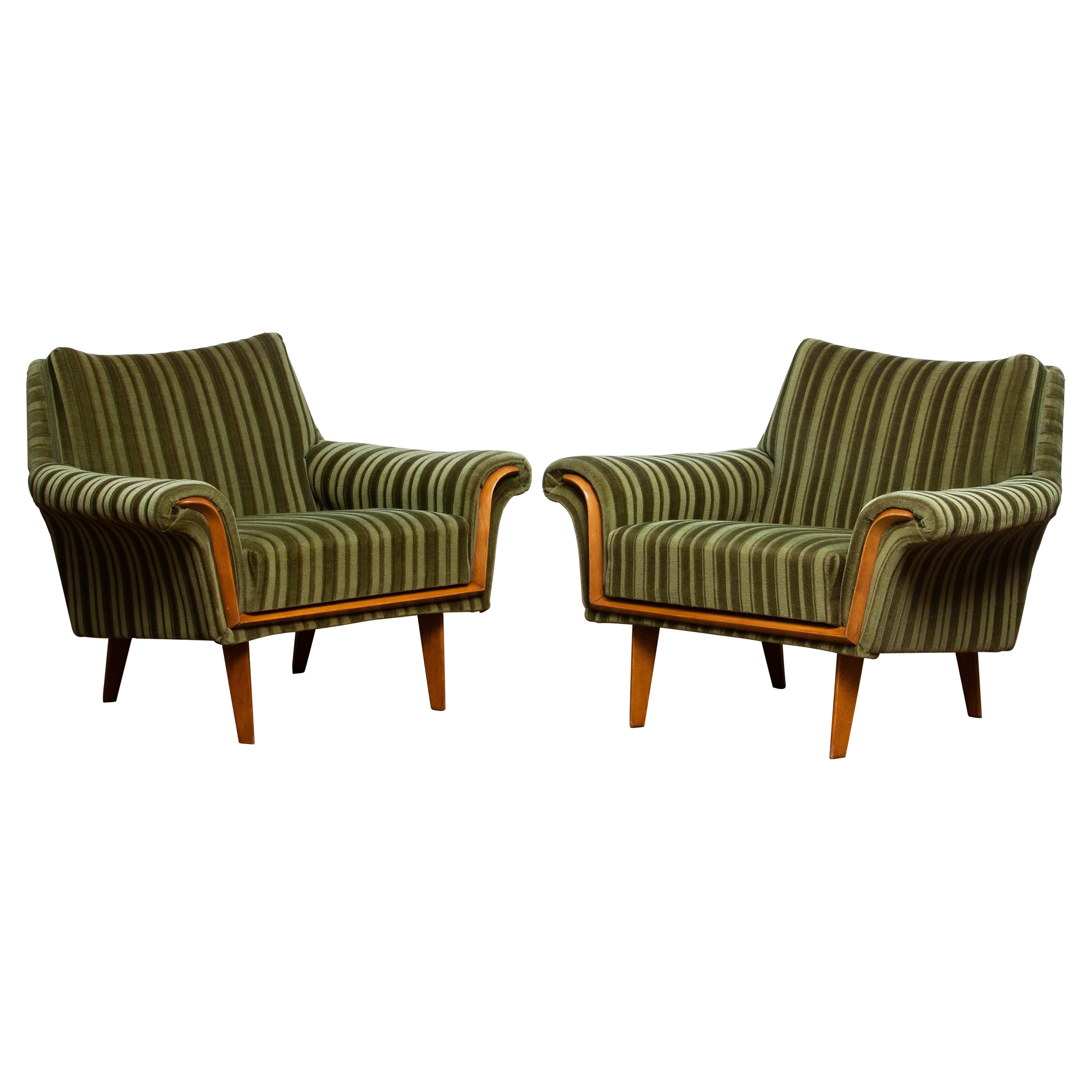 1950's Pair of Italian Green Striped Velvet Lounge / Easy / Club Chair