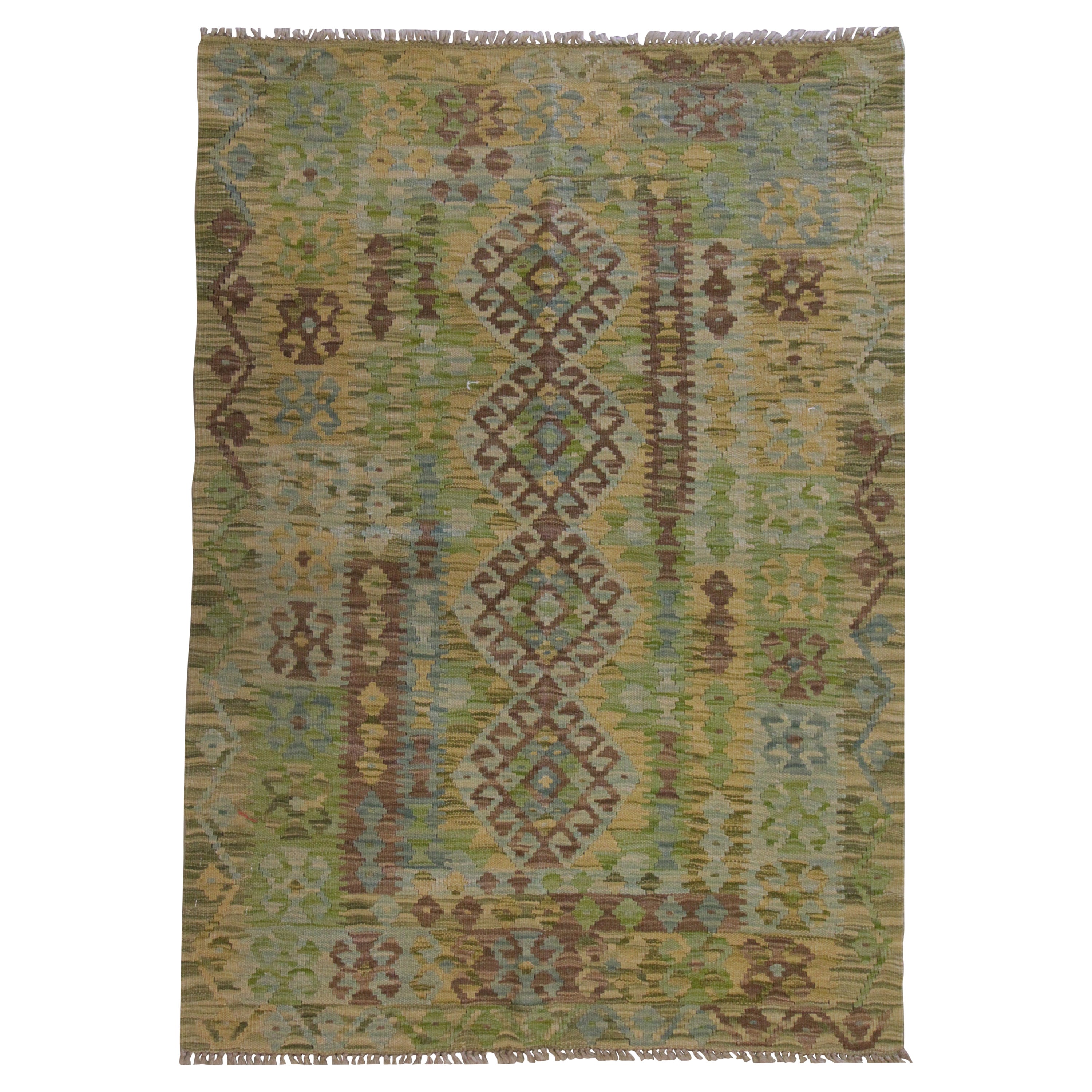 Handmade Carpet Flat Kilim Area Rug Green Wool Geometric Kilim Rug