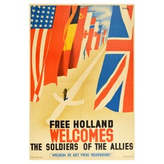 Affiche vintage d'origine Free Holland Welcomes, Les soldats des alliés, Seconde Guerre mondiale