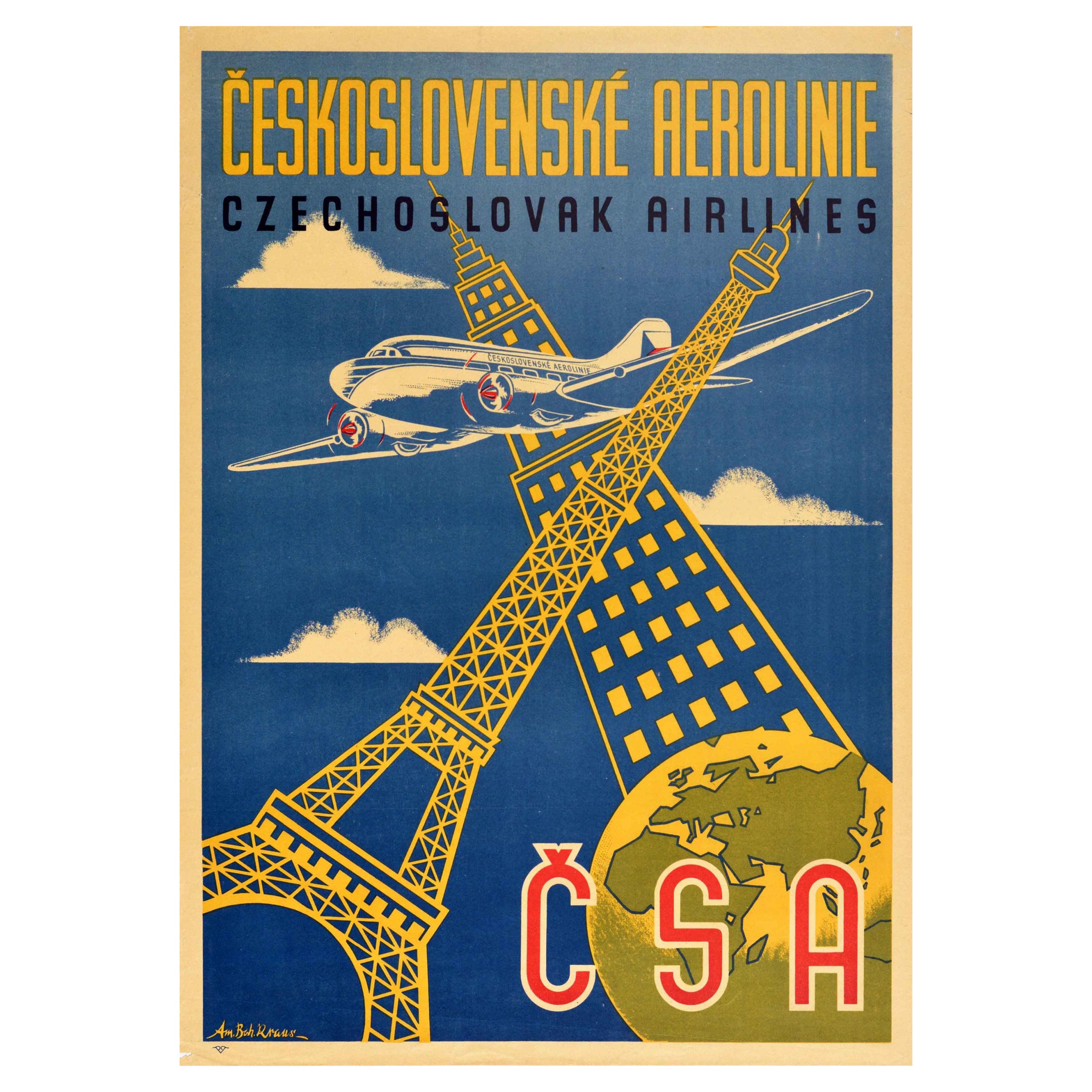 Czechoslovakia Fly by Czechoslovak Airlines 1950s Vintage Travel Poster Print