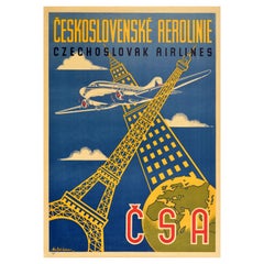 Original Vintage Poster Czechoslovak Airlines Eiffel Tower Empire State Building