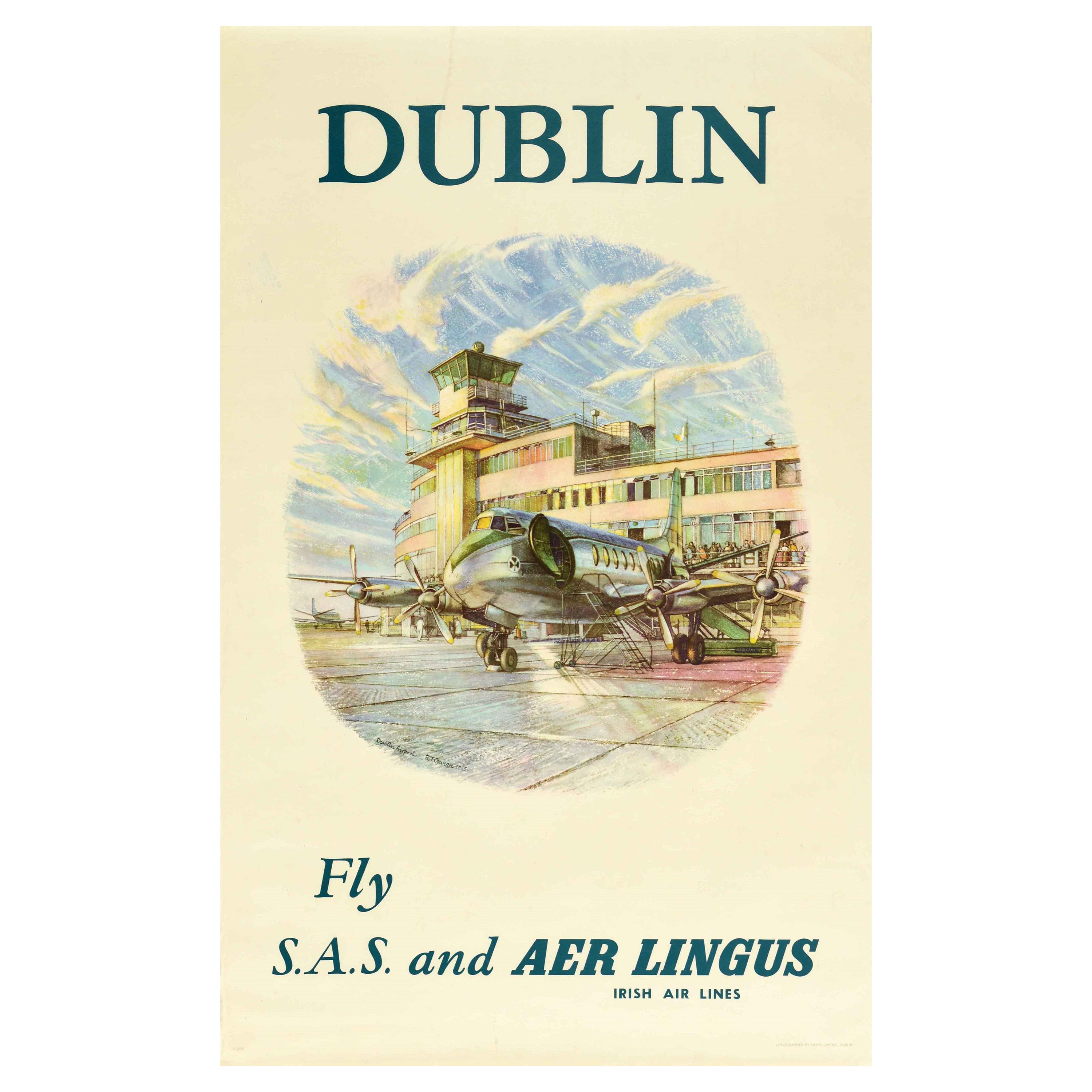 Original Vintage Poster Dublin Fly SAS & Aer Lingus Irish Air Lines Airport Art
