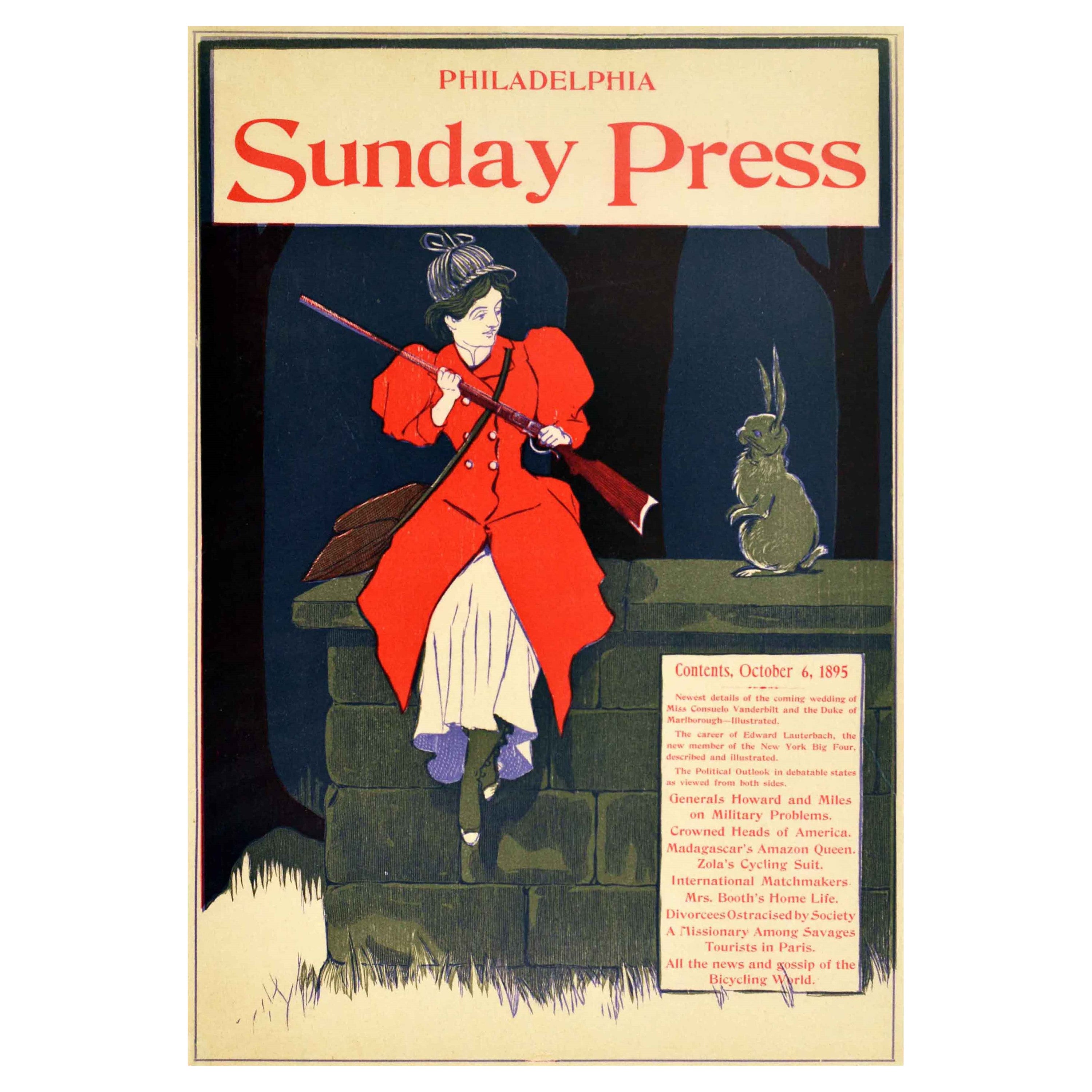 Affiche ancienne d'origine Philadelphia Sunday Press News avec couverture en forme de lapin chasseur de sport en vente