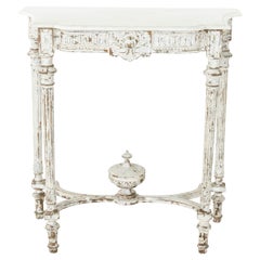 Late 19th Century French Louis XVI Hand Carved Painted Console Table, Marble Top
