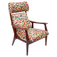 Midcentury Italian Teak Wood Armchair with Armrests and Multicolour Fabric 1960s