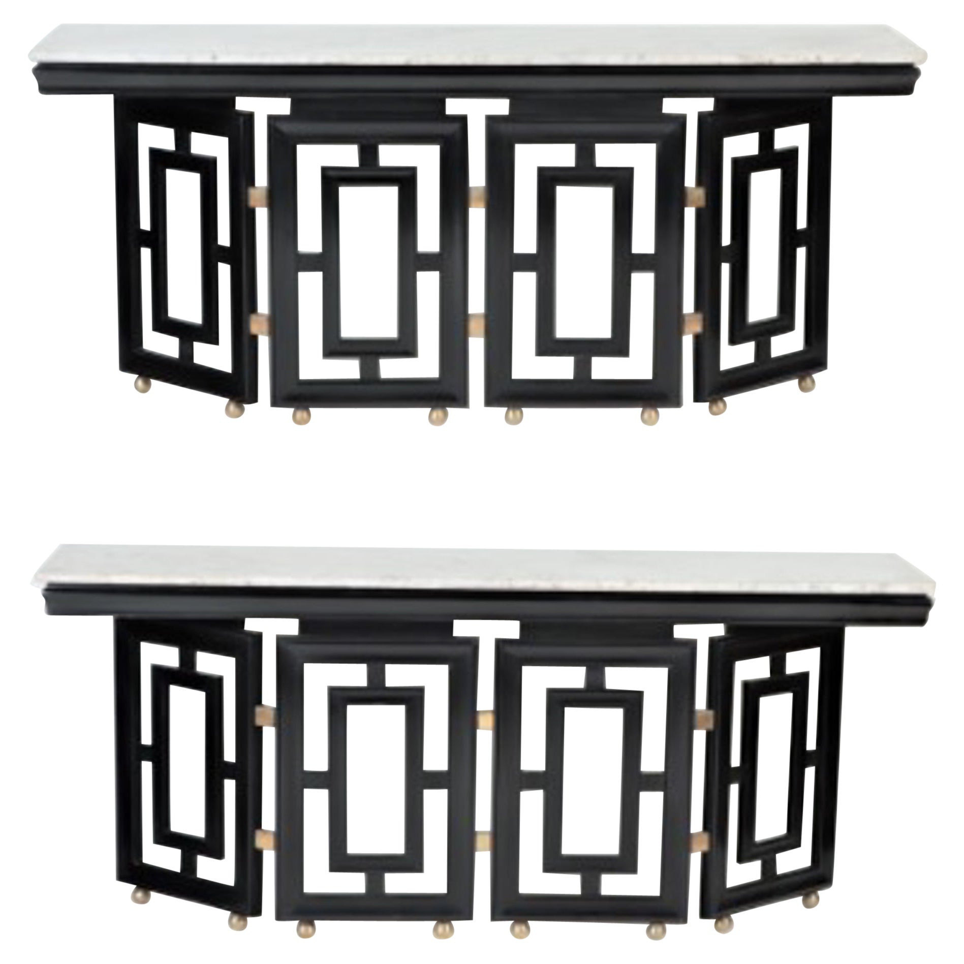 Pair of Midcentury Modern Ebonized, Marble Top Console Tables, circa 1950