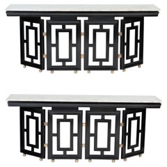 Retro Pair of Midcentury Modern Ebonized, Marble Top Console Tables, circa 1950