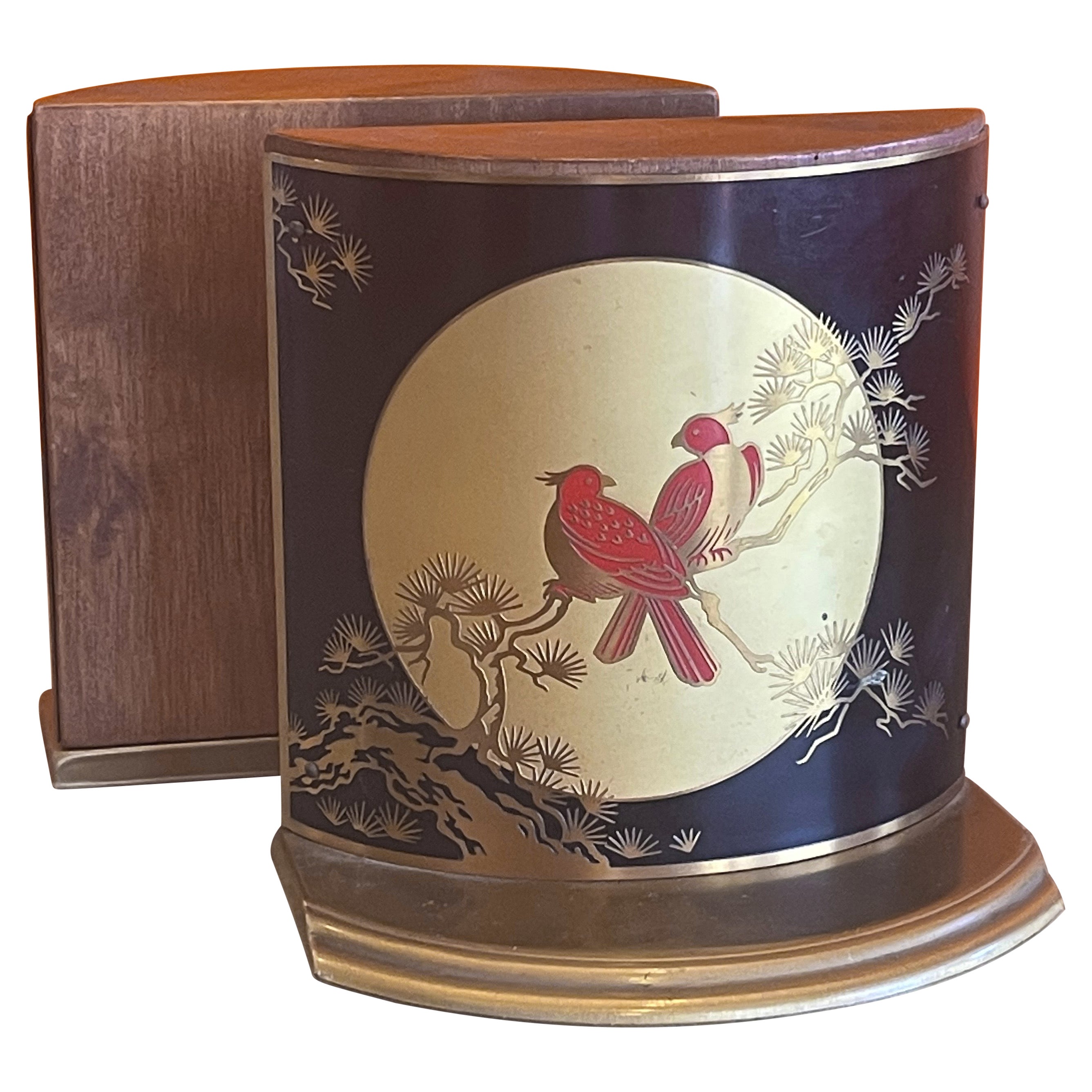 Pair of Brass, Enamel & Wood Asian Style Bird Bookends by Grammes For Sale