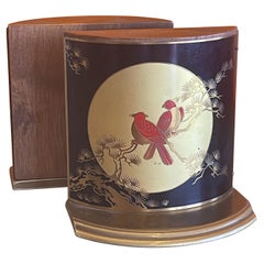 Retro Pair of Brass, Enamel & Wood Asian Style Bird Bookends by Grammes