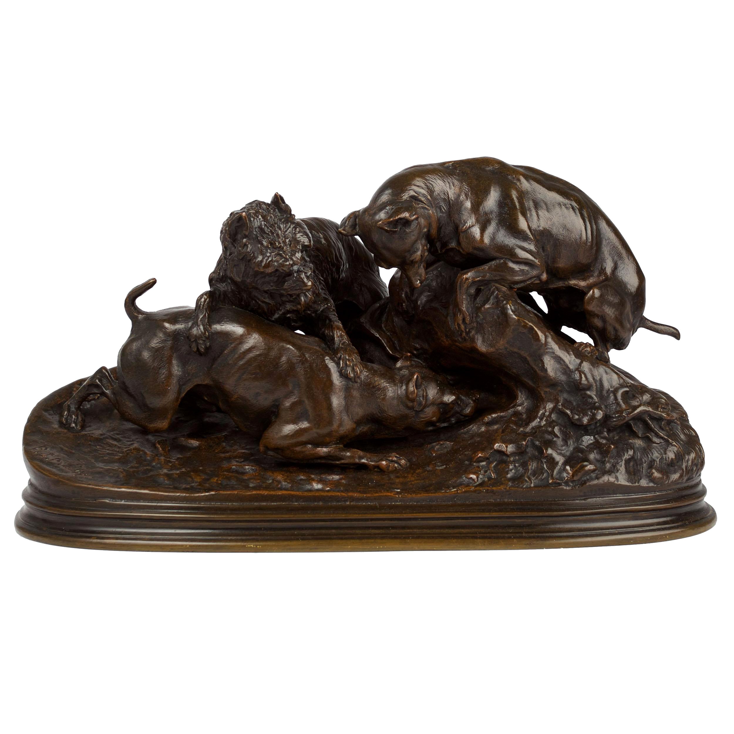 French Antique Bronze Sculpture "Dogs Chasing a Rabbit" after Pierre Jules Mene
