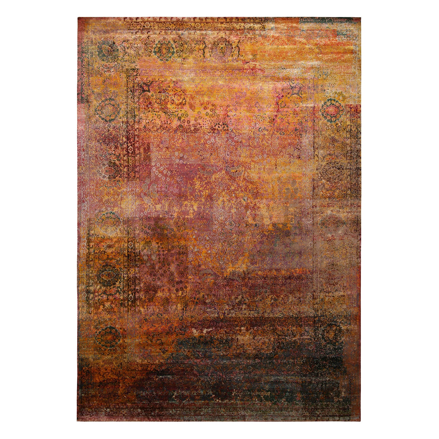 Rug & Kilim's Contemporary Geometric Pomegranate and Gold Silk Rug