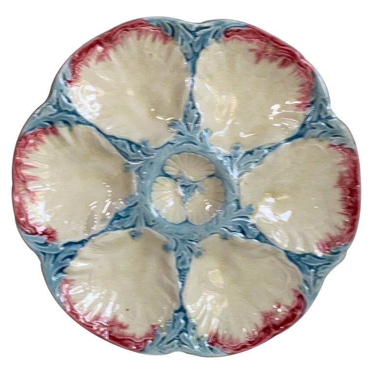 19th Century Majolica Pink and Blue Oyster Plate Gien For Sale
