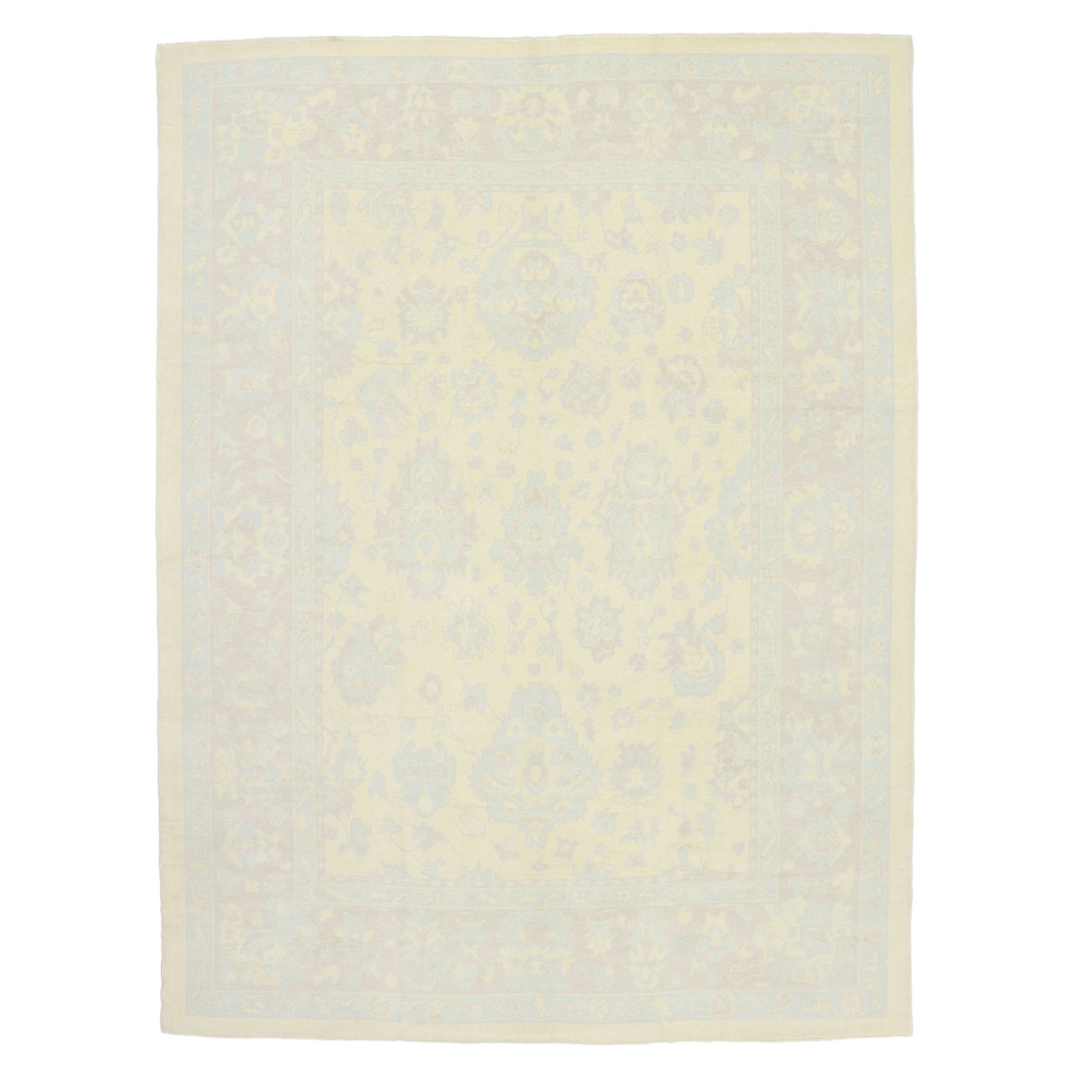 New Muted Turkish Oushak Rug, French Country Cottage Meets Modern Style For Sale
