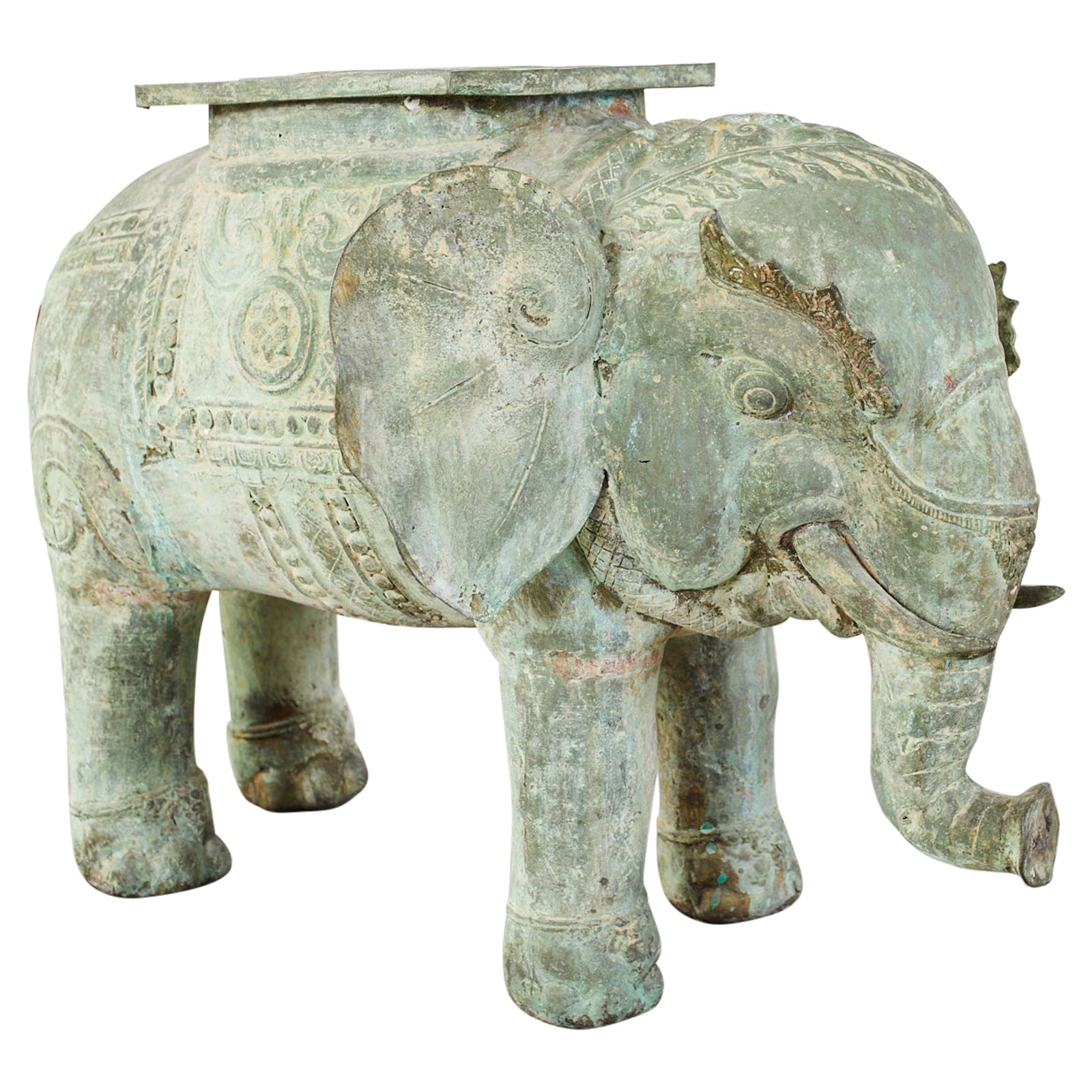 Burmese Patinated Bronze Elephant Garden Stool or Drink Table
