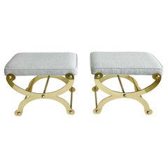 Vintage Pair Polished Brass Curule X-Frame Regency Maison Jansen Stool Benches