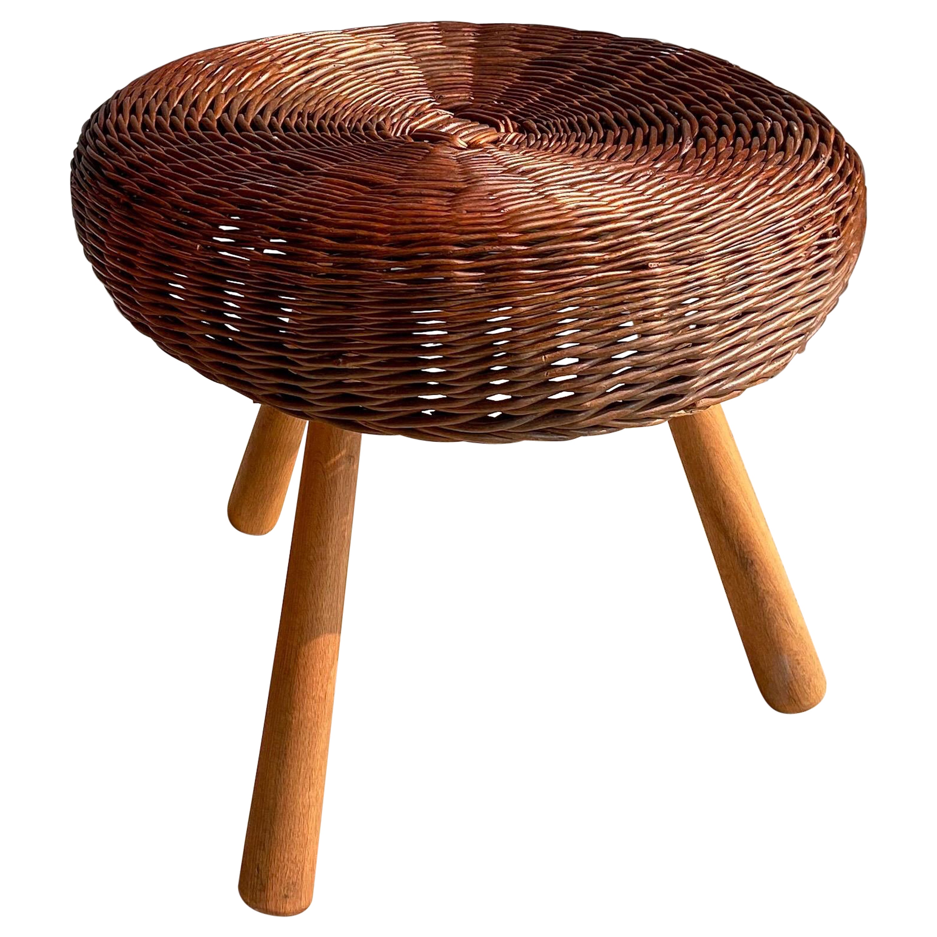 Large Rattan and Wood Stool Attributed to Tony Paul