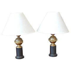 Pair of French 1930s Brass and Black Table Lamps Including Linen Shades