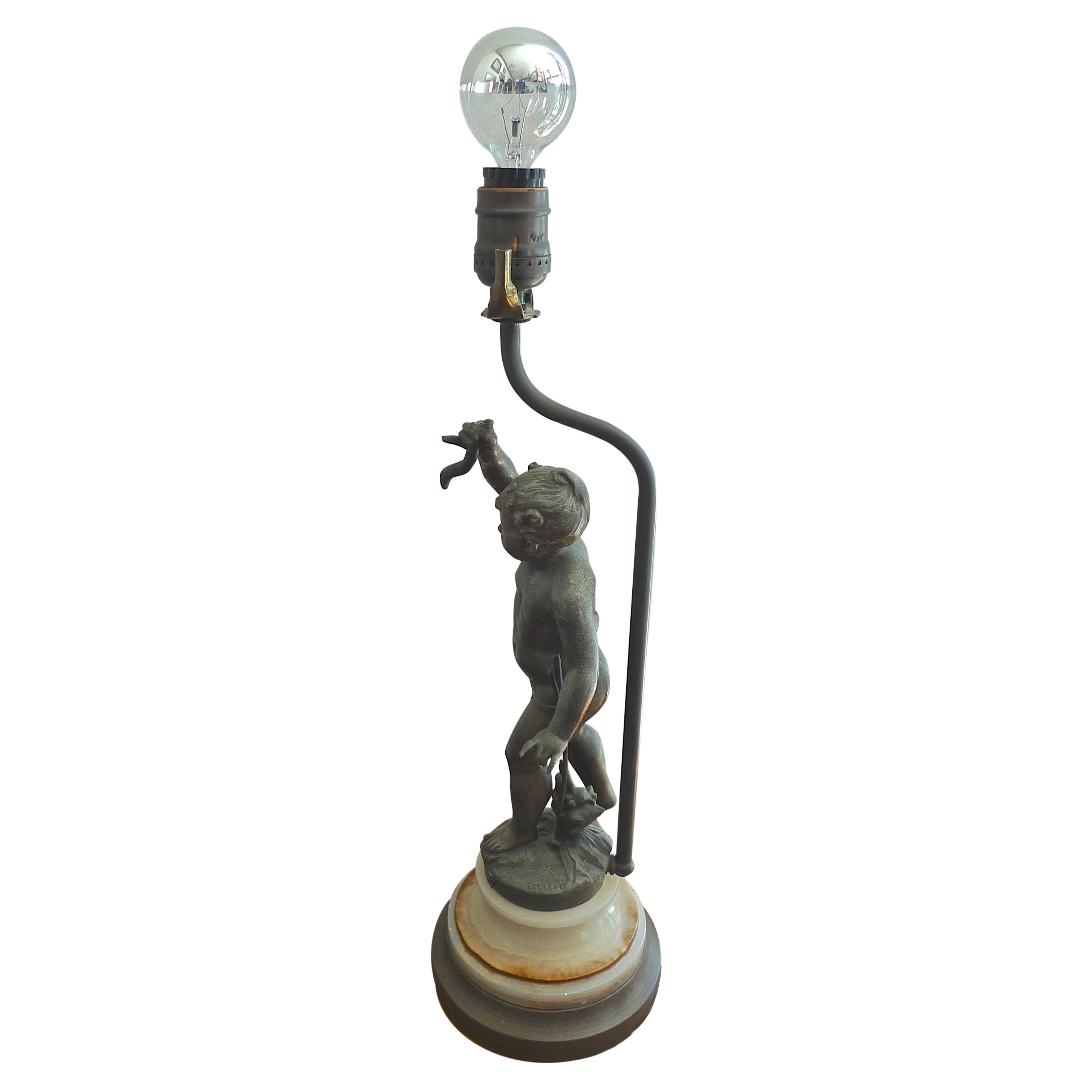 French 19th Century Bronze Statuette on Marble Stand Converted to Desk Lamp